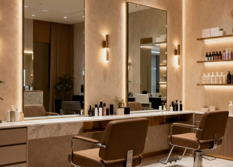 Interno elegante di camillaparrucchieri a Paderno Dugnano, Lombardia, IT. Sedie moderne e prodotti di bellezza.