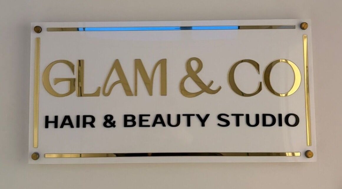 Elegant Glam & Co studio sign at Chantelle Fairbairn Makeup Artistry, Camelon, Scotland, GB.