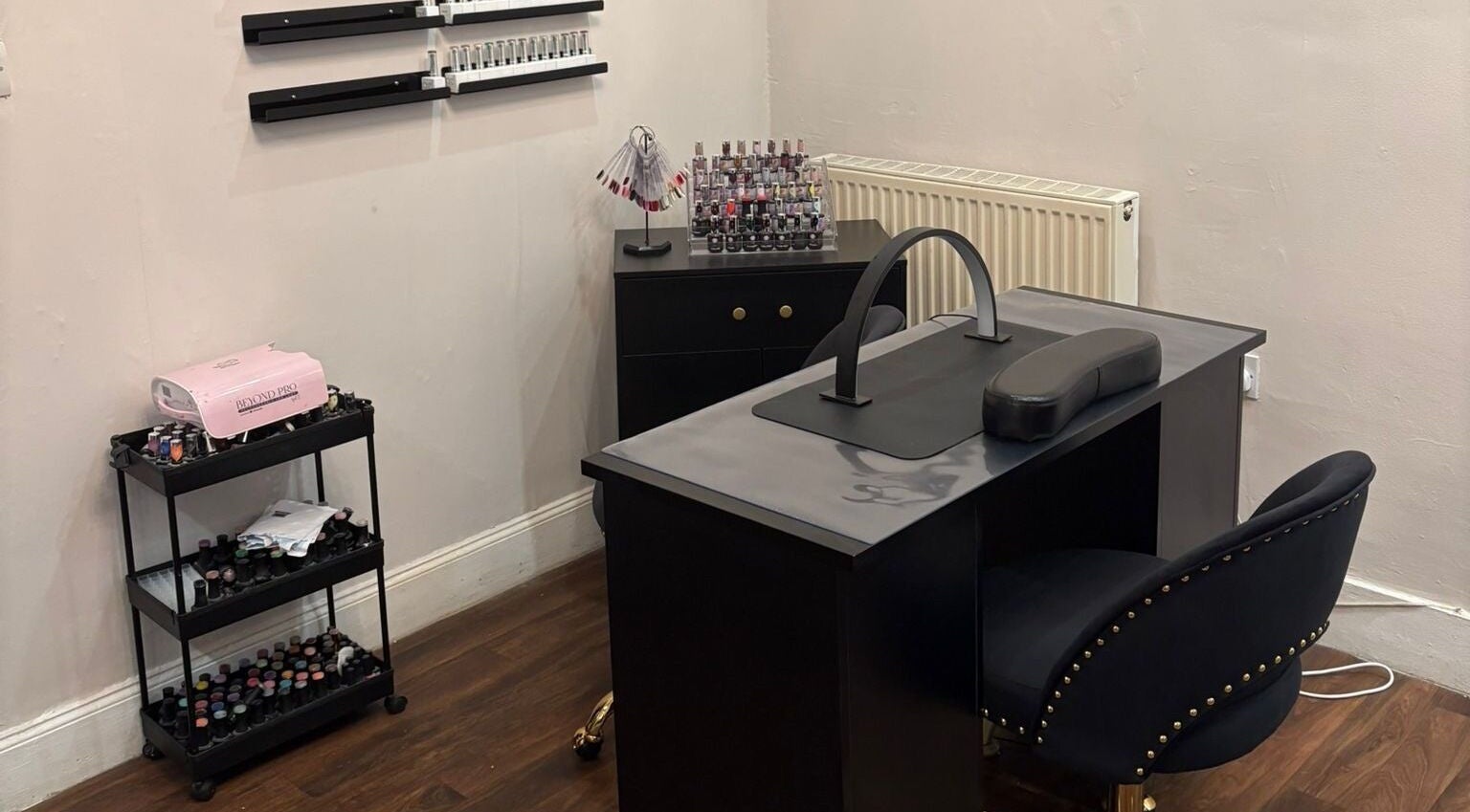 Modern nail station at Chantelle Fairbairn Makeup Artistry, Camelon, Scotland, GB, neatly organized for sessions.