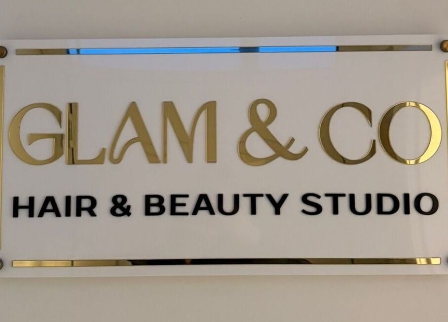 Elegant Glam & Co Hair & Beauty Studio sign at Chantelle Fairbairn Makeup Artistry, Camelon, Scotland, GB.