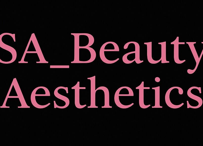 SA_Beauty_Aesthetics logo in pink font on black background, Nottingham, England, GB.