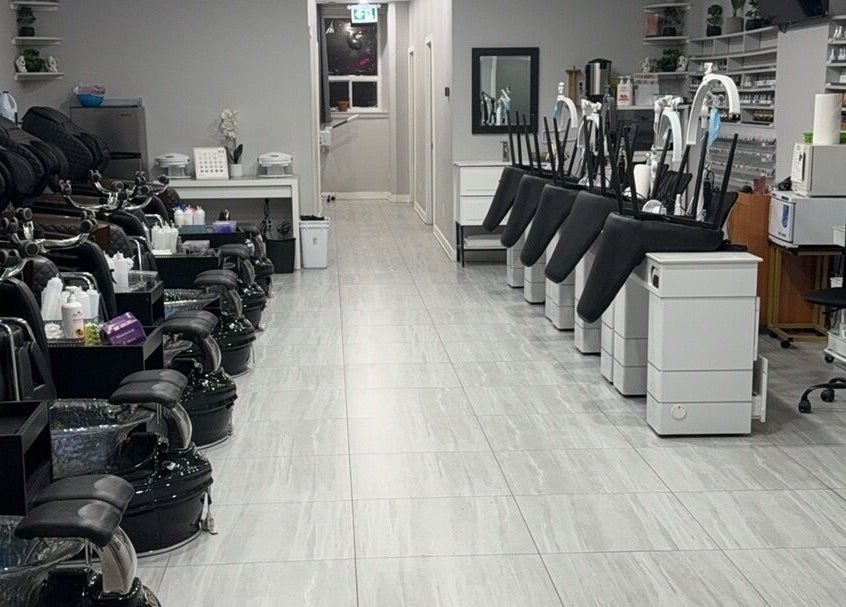 Modern manicure and pedicure stations at Sole Beaut& Nail in Toronto, Ontario, CA.