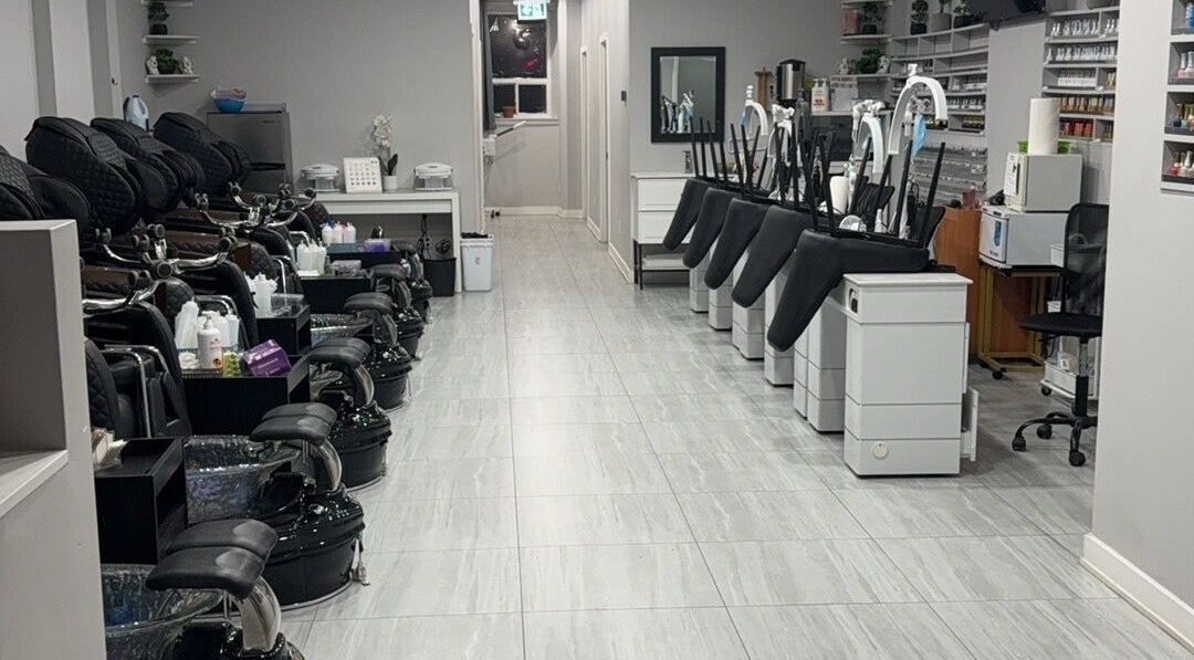 Modern manicure and pedicure stations at Sole Beaut& Nail in Toronto, Ontario, CA.