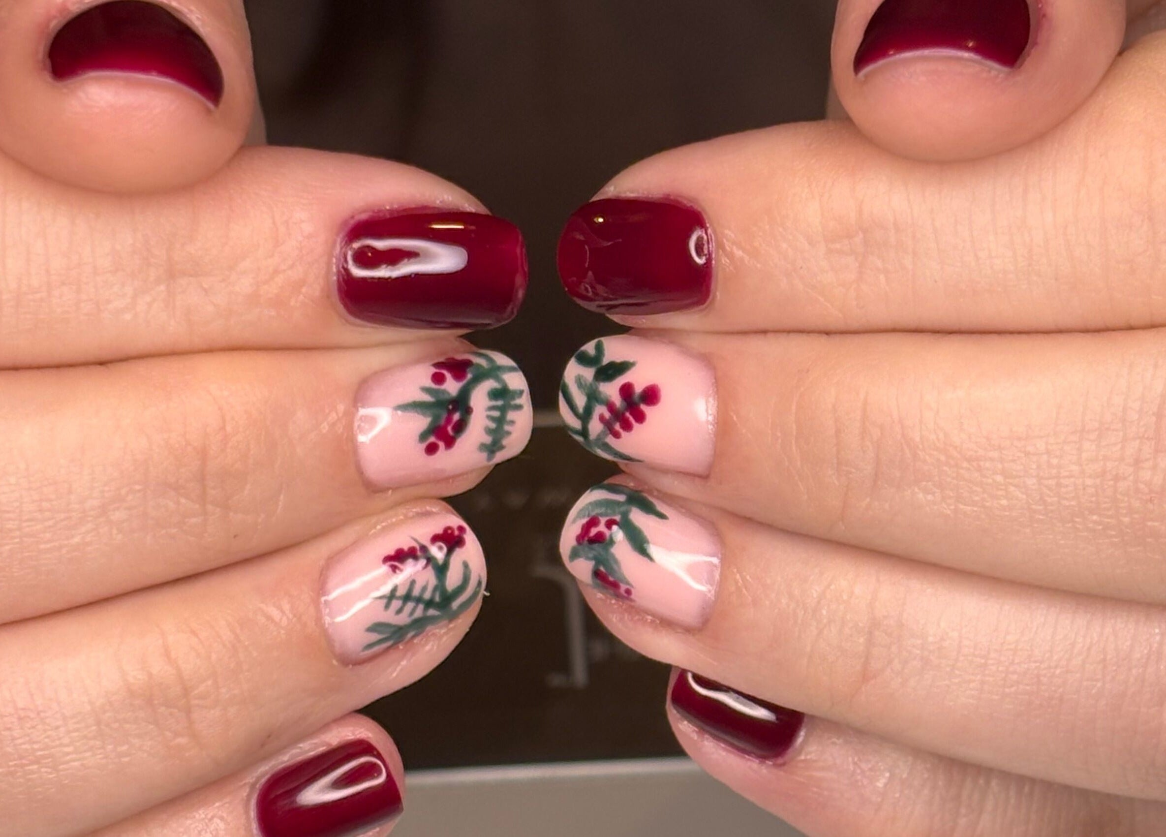 Elegant floral nail art by Radiant Nails Mobile, Penwortham, England, GB. Features deep red and intricate designs.