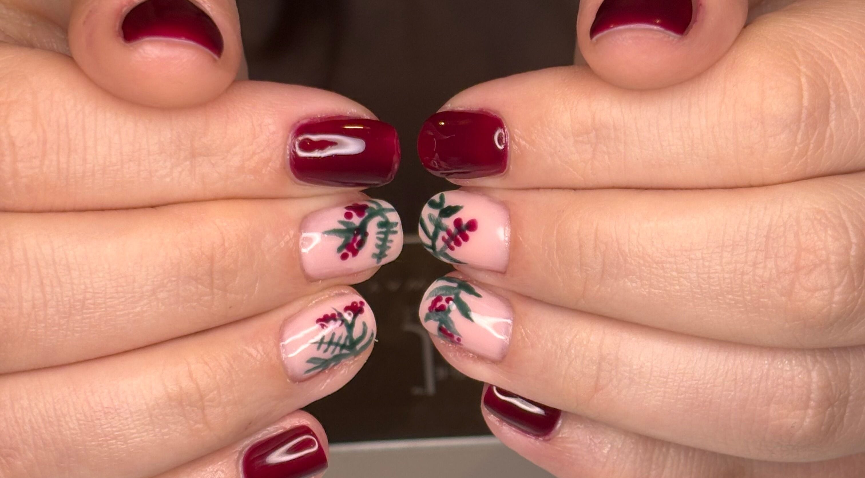 Elegant floral nail art by Radiant Nails Mobile, Penwortham, England, GB. Features deep red and intricate designs.