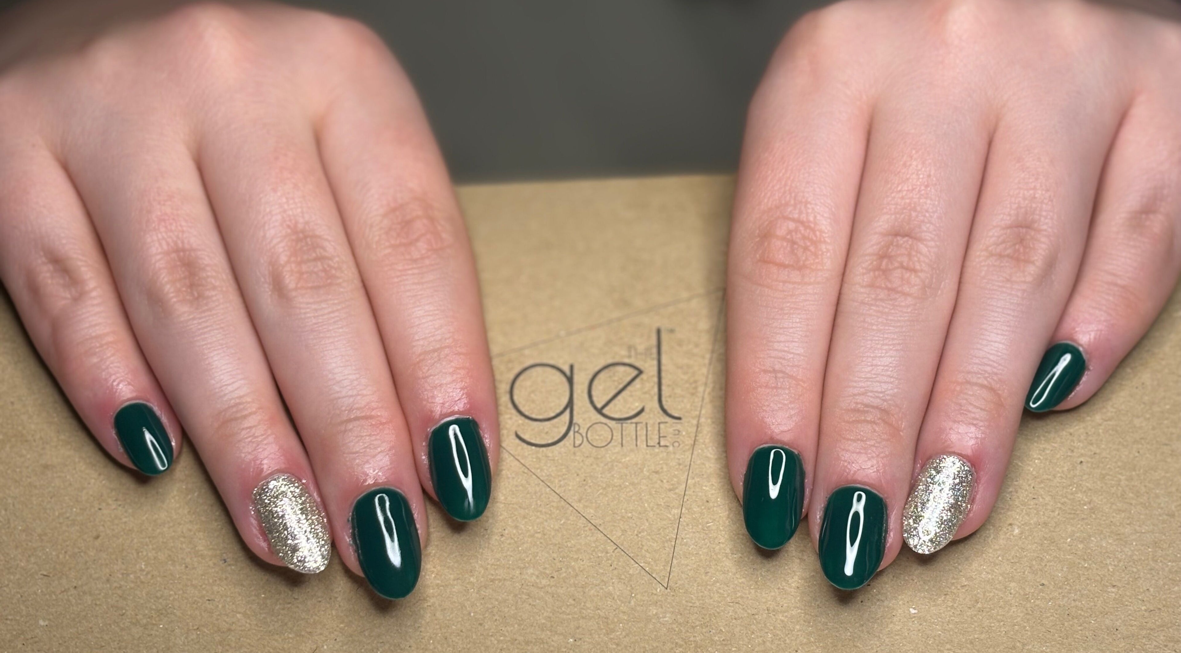 Stylish green nails with gold accent at Radiant Nails Mobile, Penwortham, England, GB.