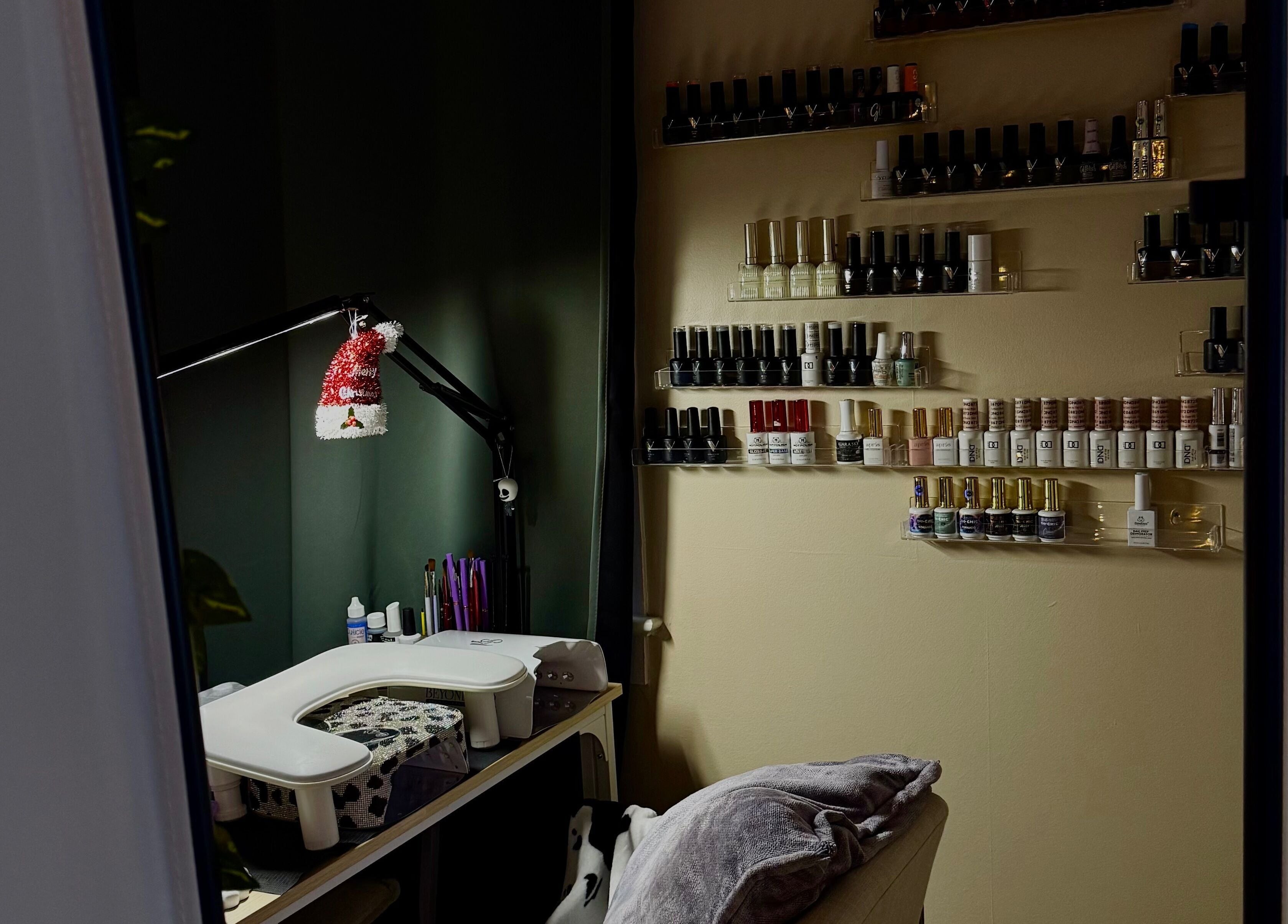 Angelsdenn nail service area displaying polish collection, Watertown, New York, US.