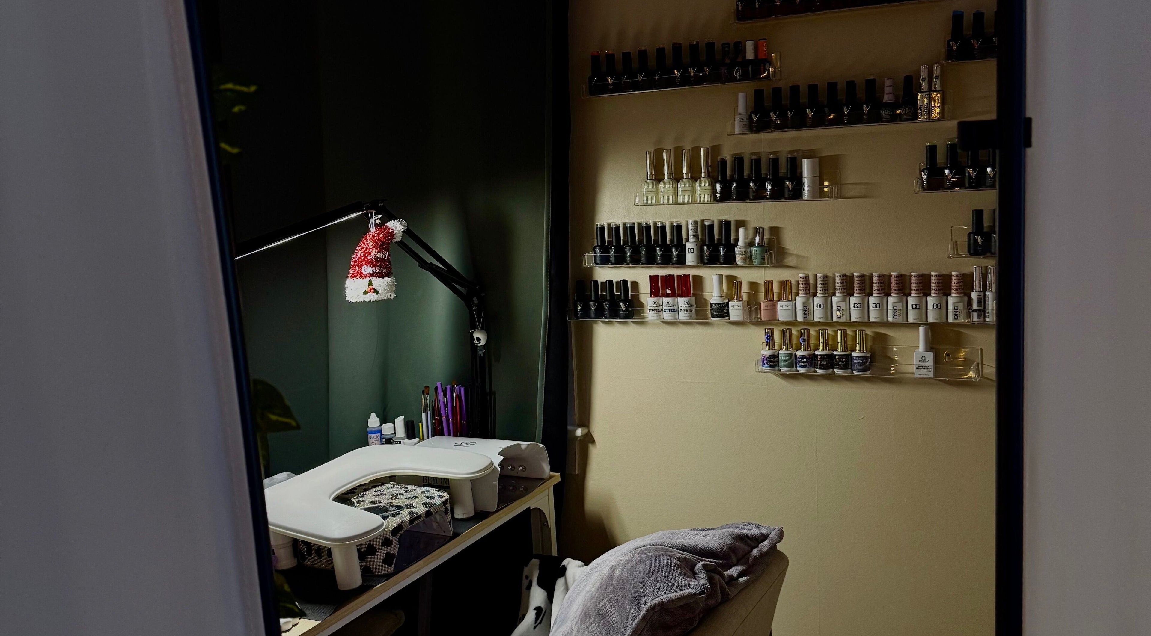Angelsdenn nail service area displaying polish collection, Watertown, New York, US.