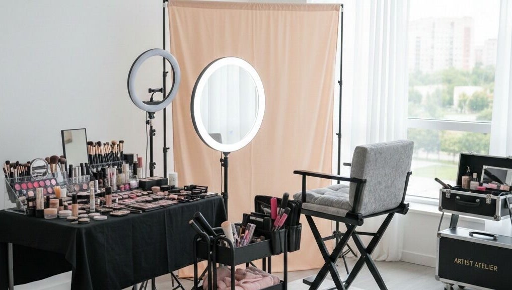 Makeup studio setup at Austeya Artistry, Richmond, England, GB, featuring professional cosmetic tools and lighting.