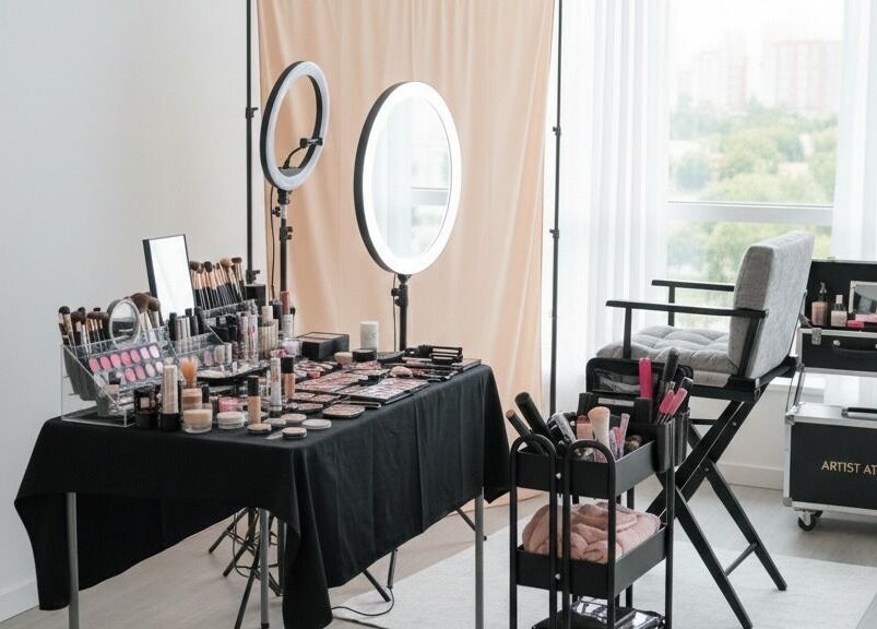 Austeya Artistry makeup studio setup in Richmond, England, GB, featuring professional beauty tools and seating.