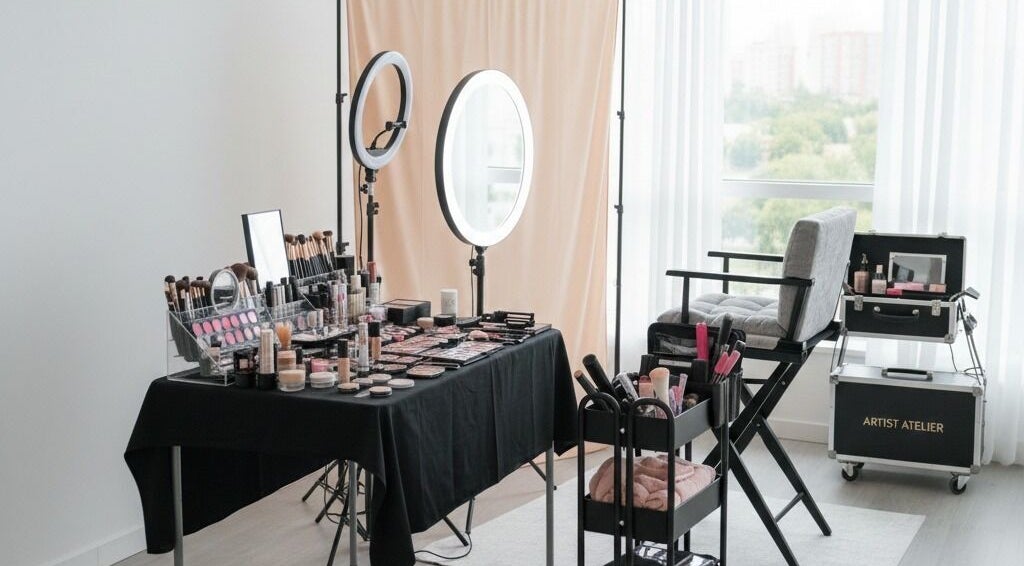 Austeya Artistry makeup studio setup in Richmond, England, GB, featuring professional beauty tools and seating.