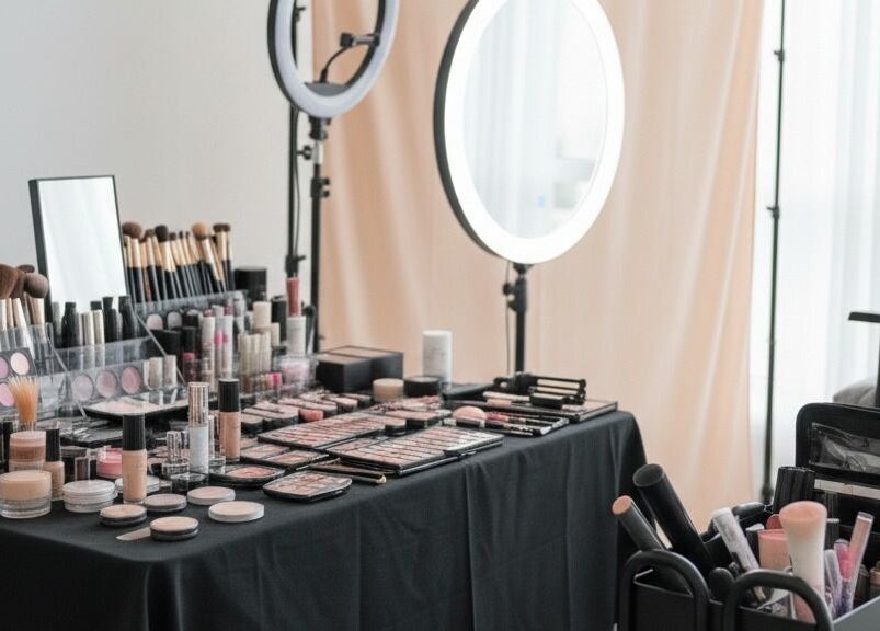Makeup station at Austeya Artistry, Richmond, England, GB, showcasing premium beauty products and tools.