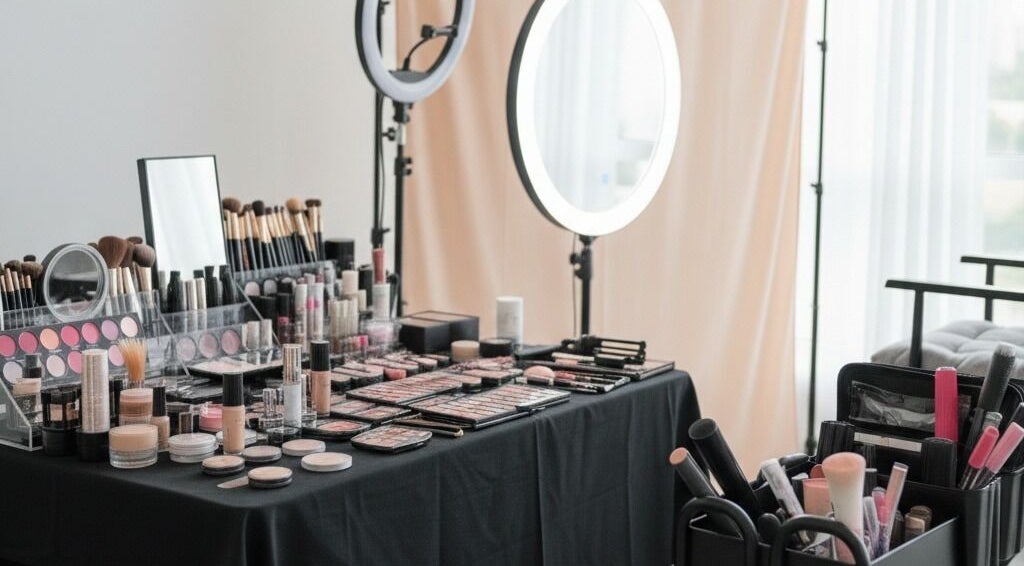 Makeup station at Austeya Artistry, Richmond, England, GB, showcasing premium beauty products and tools.