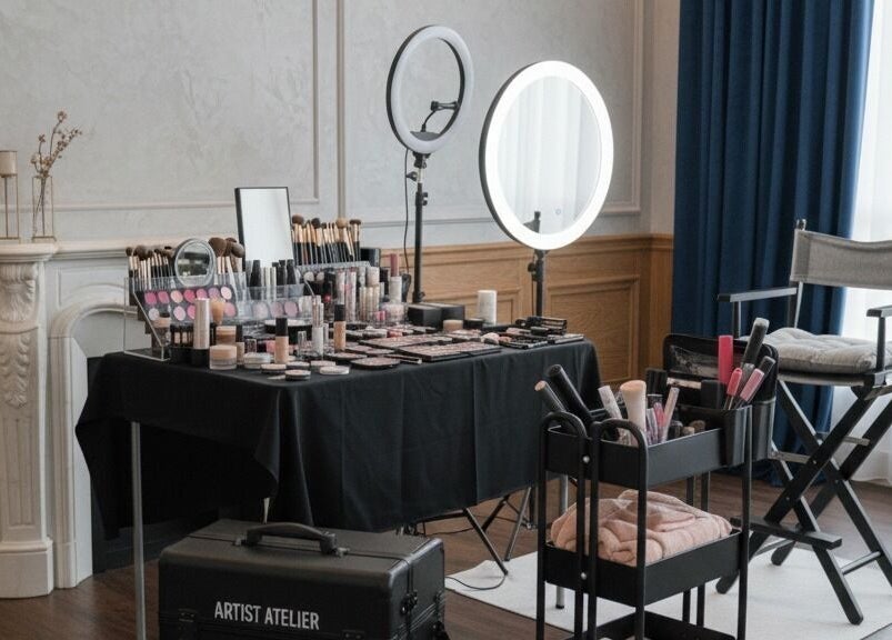 Austeya Artistry's makeup studio in Richmond, England, GB, equipped with beauty tools and lighting.