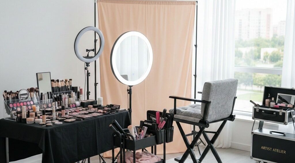 Austeya Artistry makeup station in Richmond, England, GB, showcasing professional beauty products and tools.