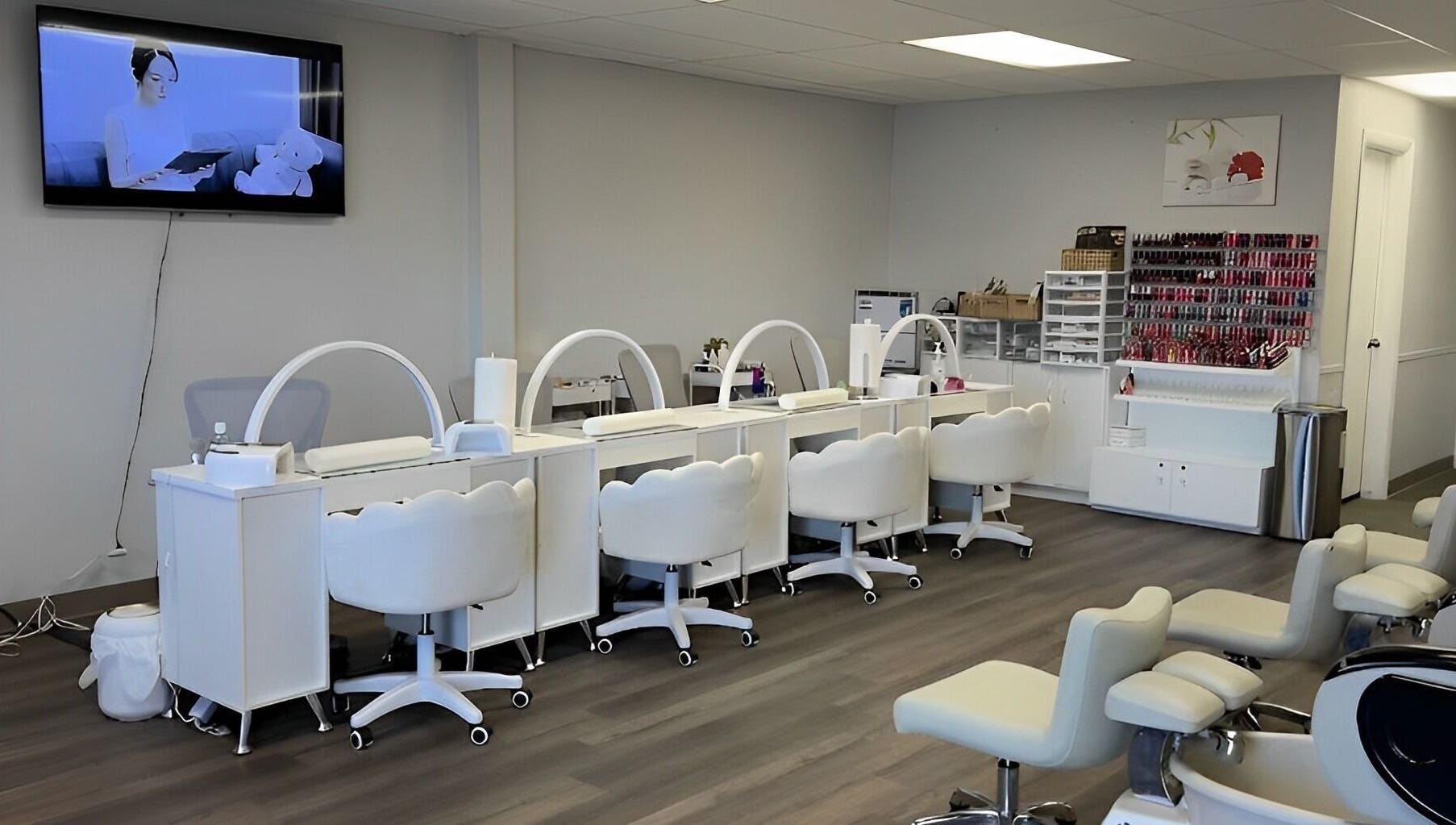 Modern nail stations at Lys Nail Salon in Blackfoot, Idaho, US showcasing sleek and clean design.