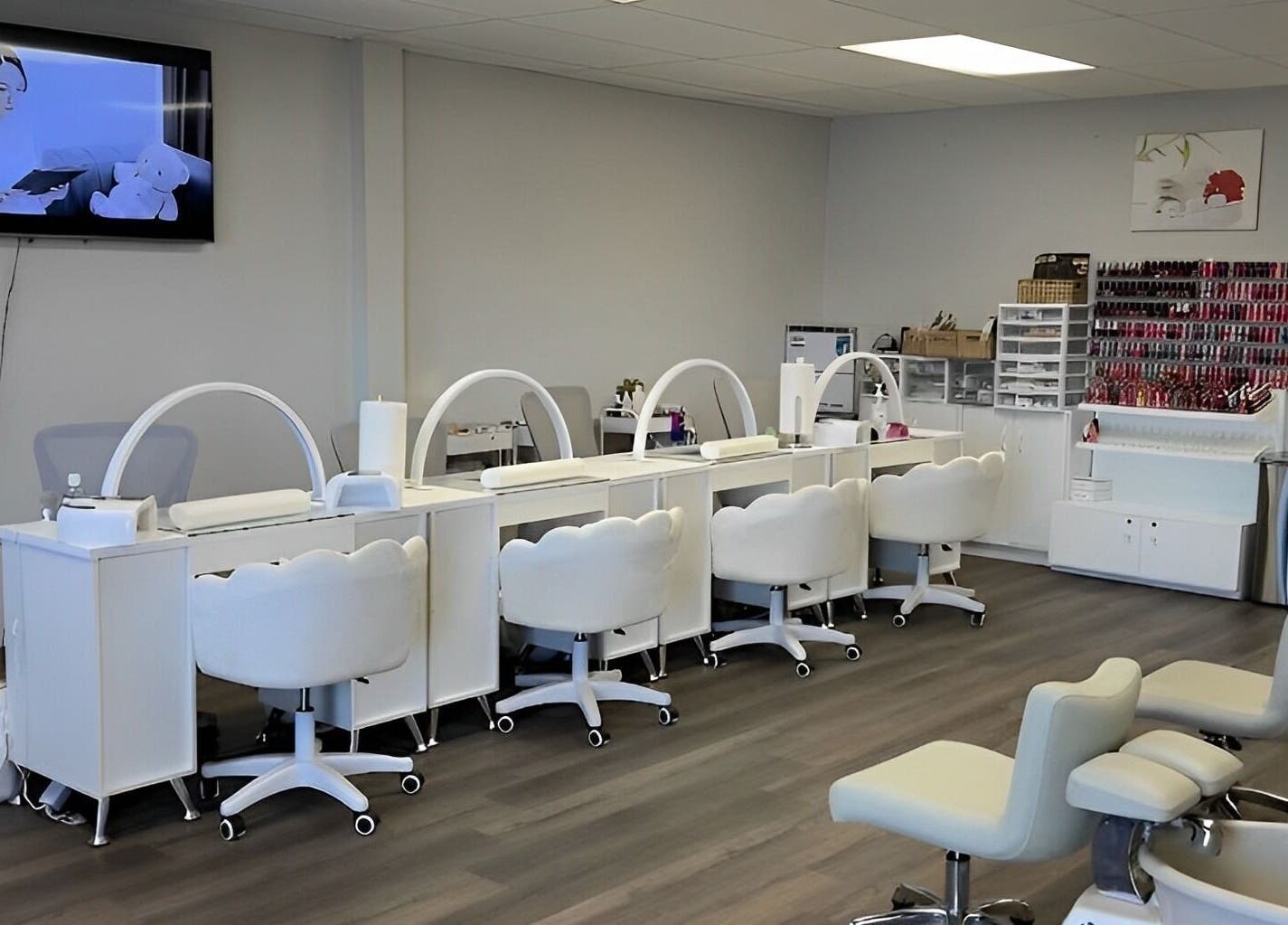 Modern nail stations at Lys Nail Salon in Blackfoot, Idaho, US showcasing sleek and clean design.