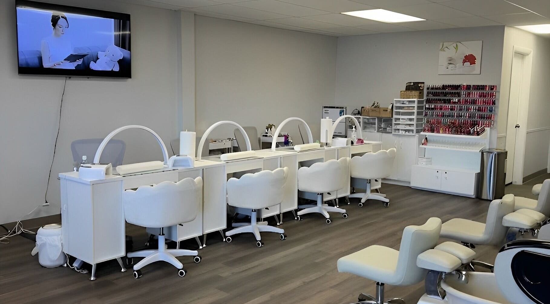 Modern nail stations at Lys Nail Salon in Blackfoot, Idaho, US showcasing sleek and clean design.