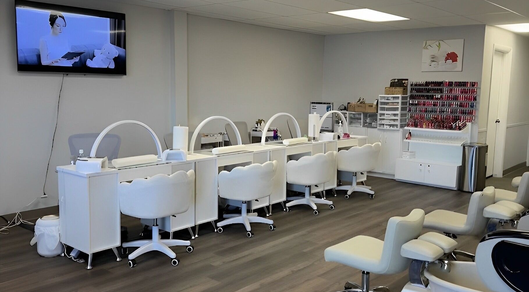 Modern nail stations at Lys Nail Salon in Blackfoot, Idaho, US showcasing sleek and clean design.
