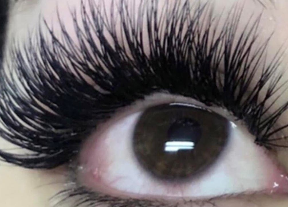 Close-up of voluminous eyelash extensions at Lys Nail Salon, Blackfoot, Idaho, US.