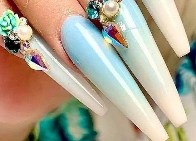 Elegant nail art with gems at Lys Nail Salon, Blackfoot, Idaho, US.