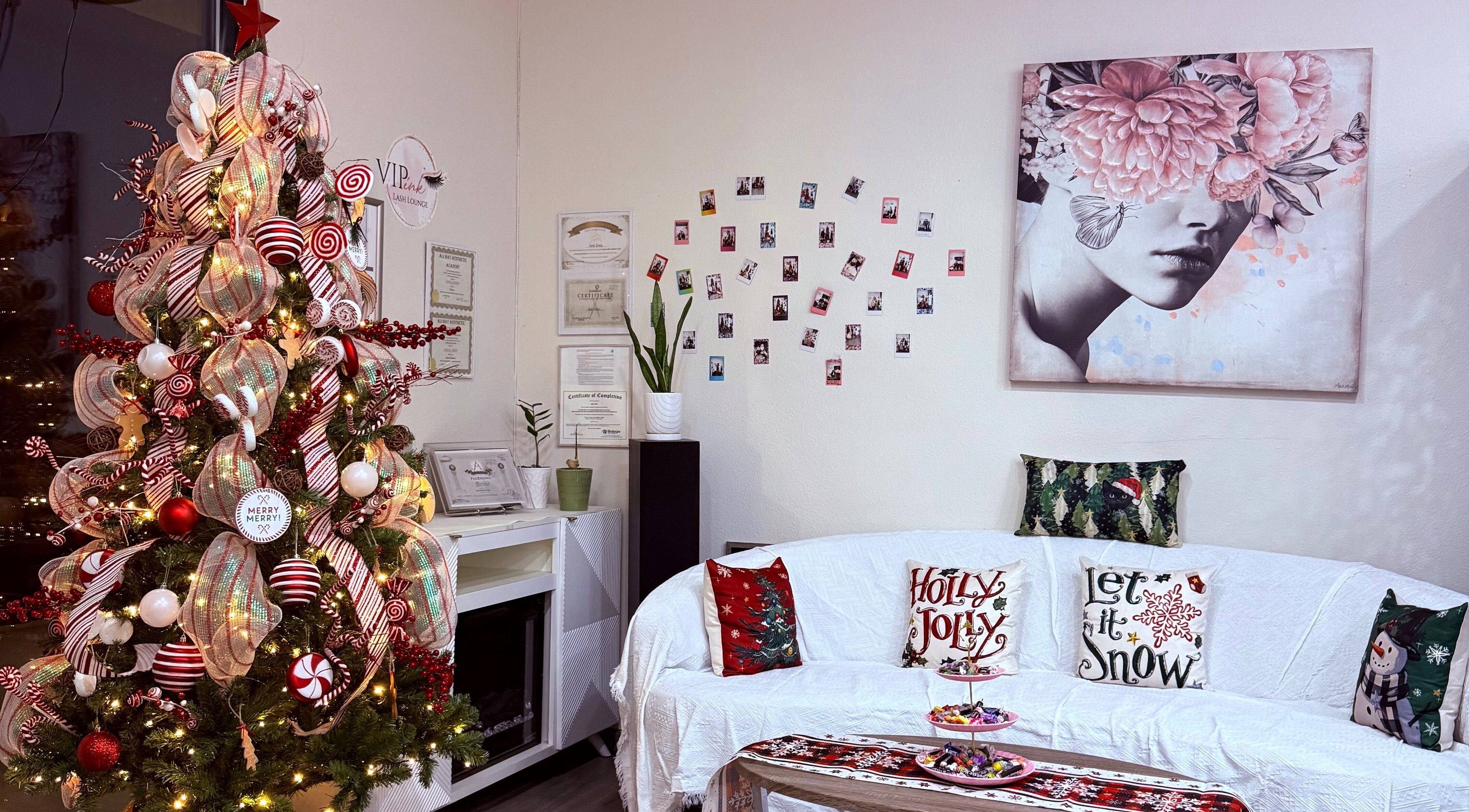 VIP Lash & Facial in Folsom, California, US, decorated with a festive holiday tree and cozy seating area.