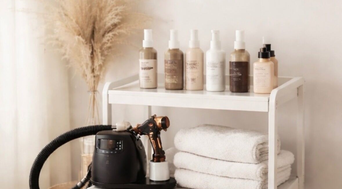 Golden Edit spa essentials in Surrey, British Columbia, CA featuring products and fresh towels.