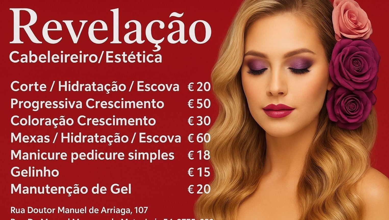 Anúncio de serviços de beleza Revelação Cabeleleiros em Carcavelos, PT com modelo e flores.