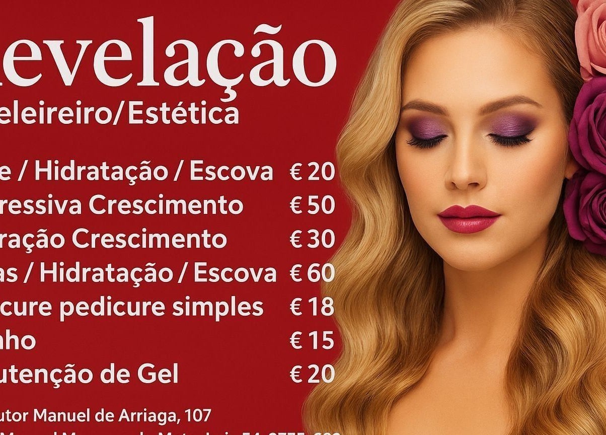 Anúncio de serviços de beleza Revelação Cabeleleiros em Carcavelos, PT com modelo e flores.