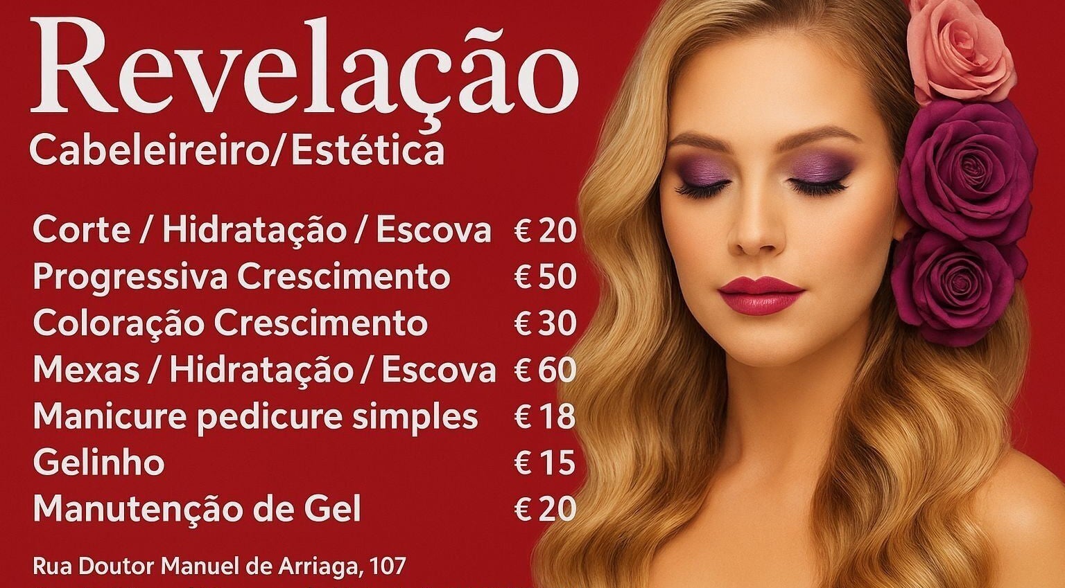 Anúncio de serviços de beleza Revelação Cabeleleiros em Carcavelos, PT com modelo e flores.