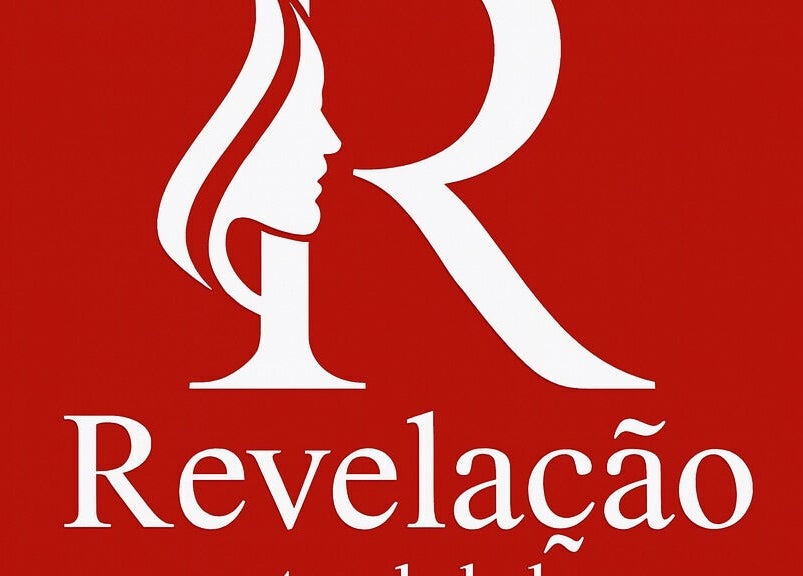 Logotipo vermelho de Revelação Cabeleleiros, Carcavelos, PT, com design elegante.
