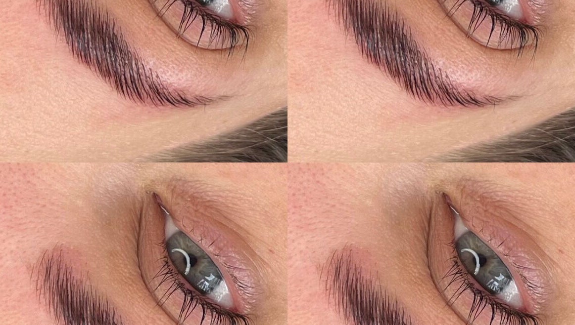 Close-up of perfectly groomed eyebrows and eyes at Beautycave41, Halesowen, England, GB.