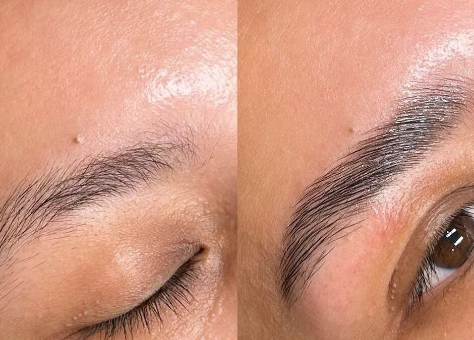 Antes e depois das sobrancelhas tratadas em AC Beauty Care, Setúbal, Setúbal, PT; realce de beleza visível.