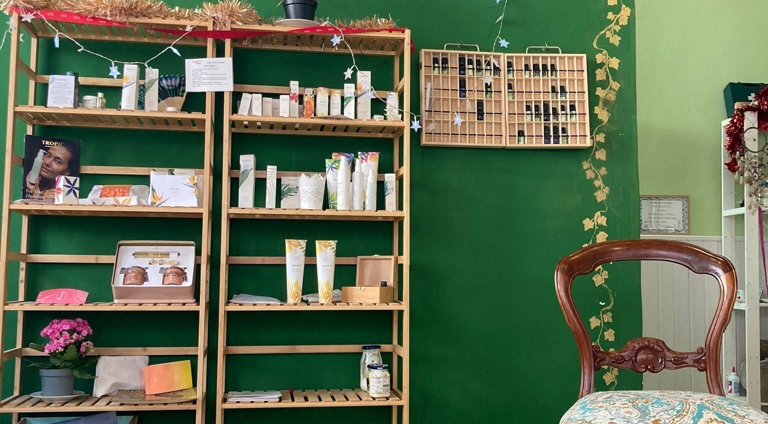 Shelves with beauty products at ASCENT-THERAPIES AT ALORA, MALAGA, ANDULUCIA, ES. Natural decor and cozy ambiance.