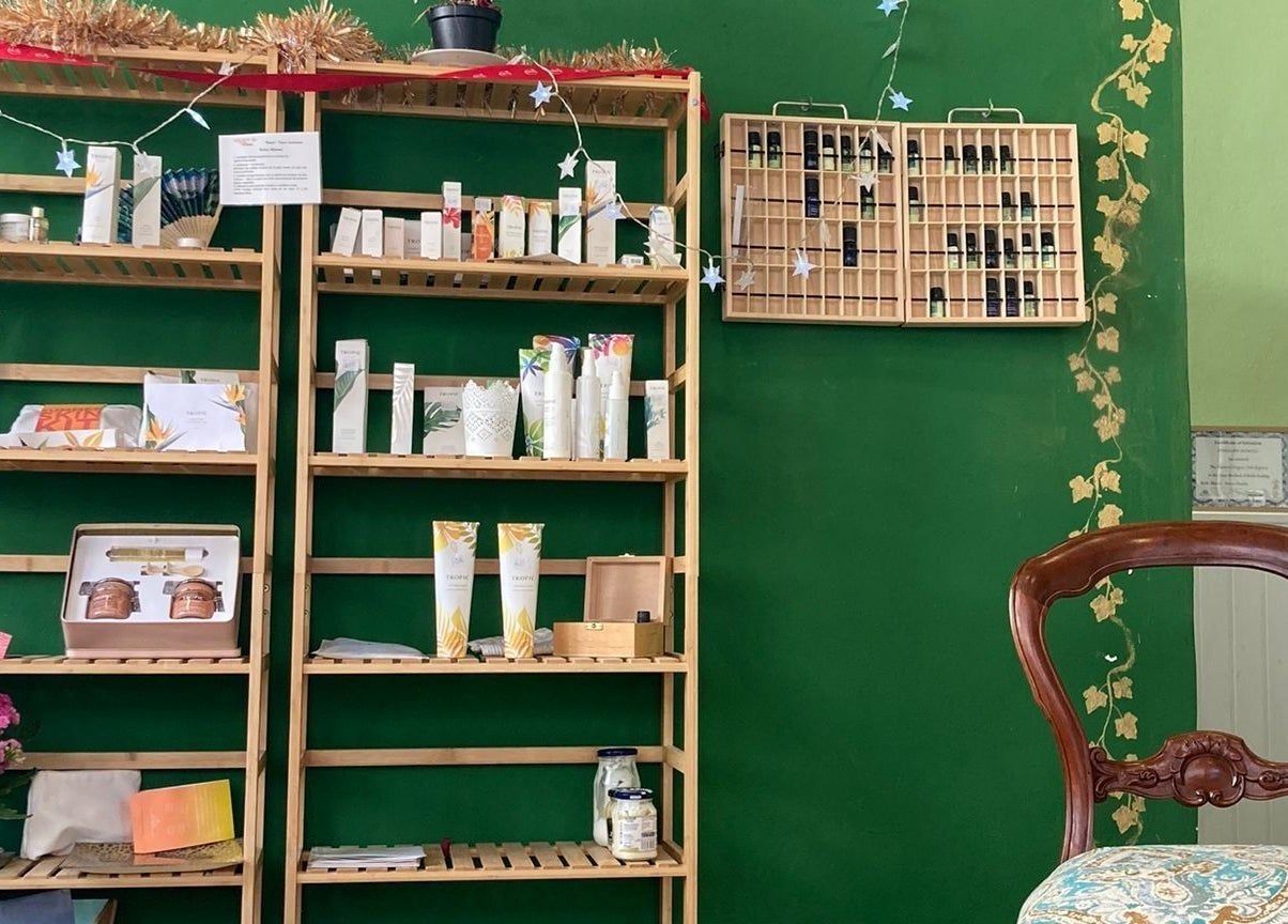 Shelves of beauty products at ASCENT-THERAPIES AT ALORA, Álora, Andalucía, ES with elegant decor.