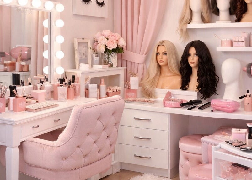 Elegant beauty setup at Beauty by Leighton, Hitchin, England, GB with pink decor and styling tools.