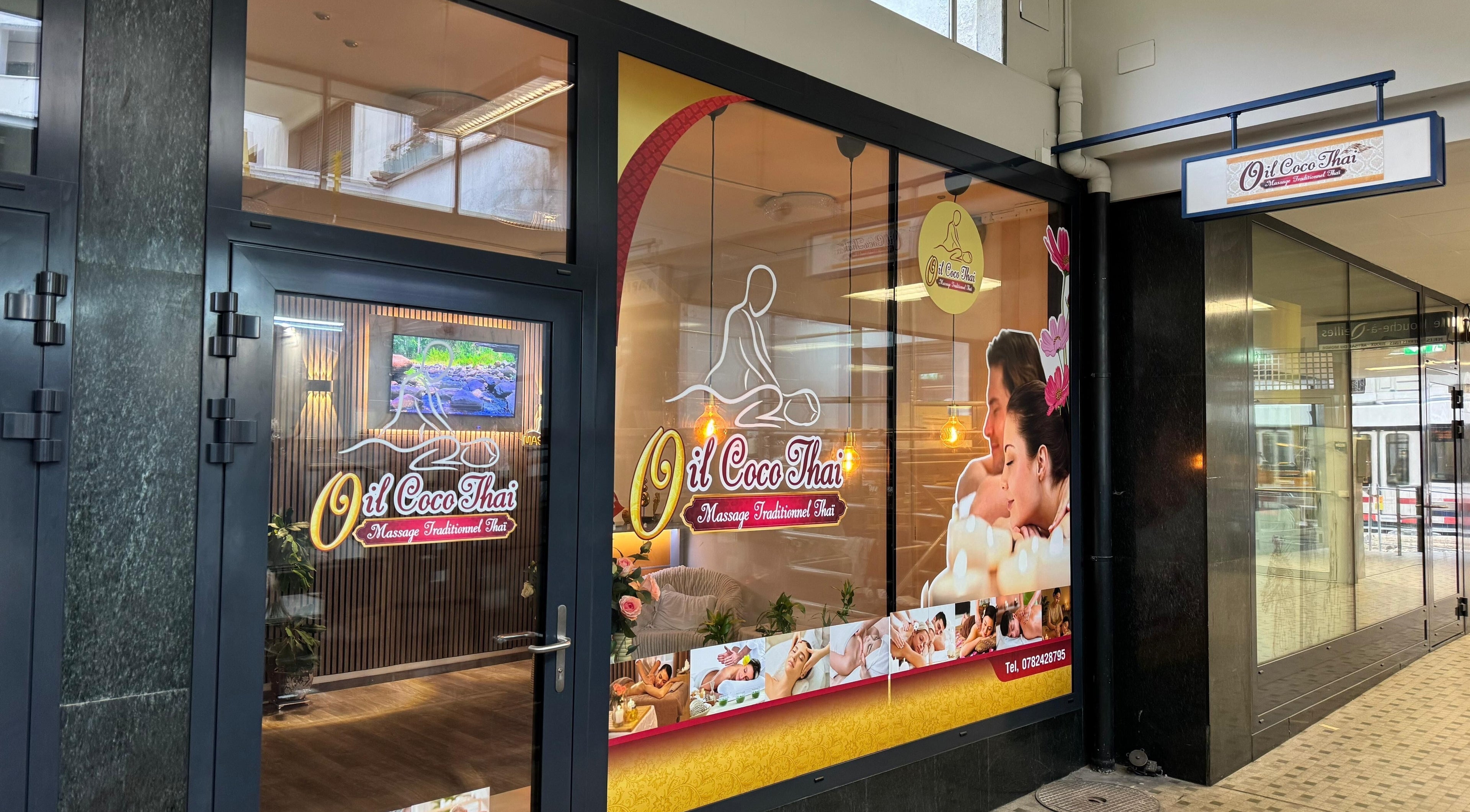 Exterior view of Oil Coco Thaï in Genève, CH showcasing elegant spa decor.