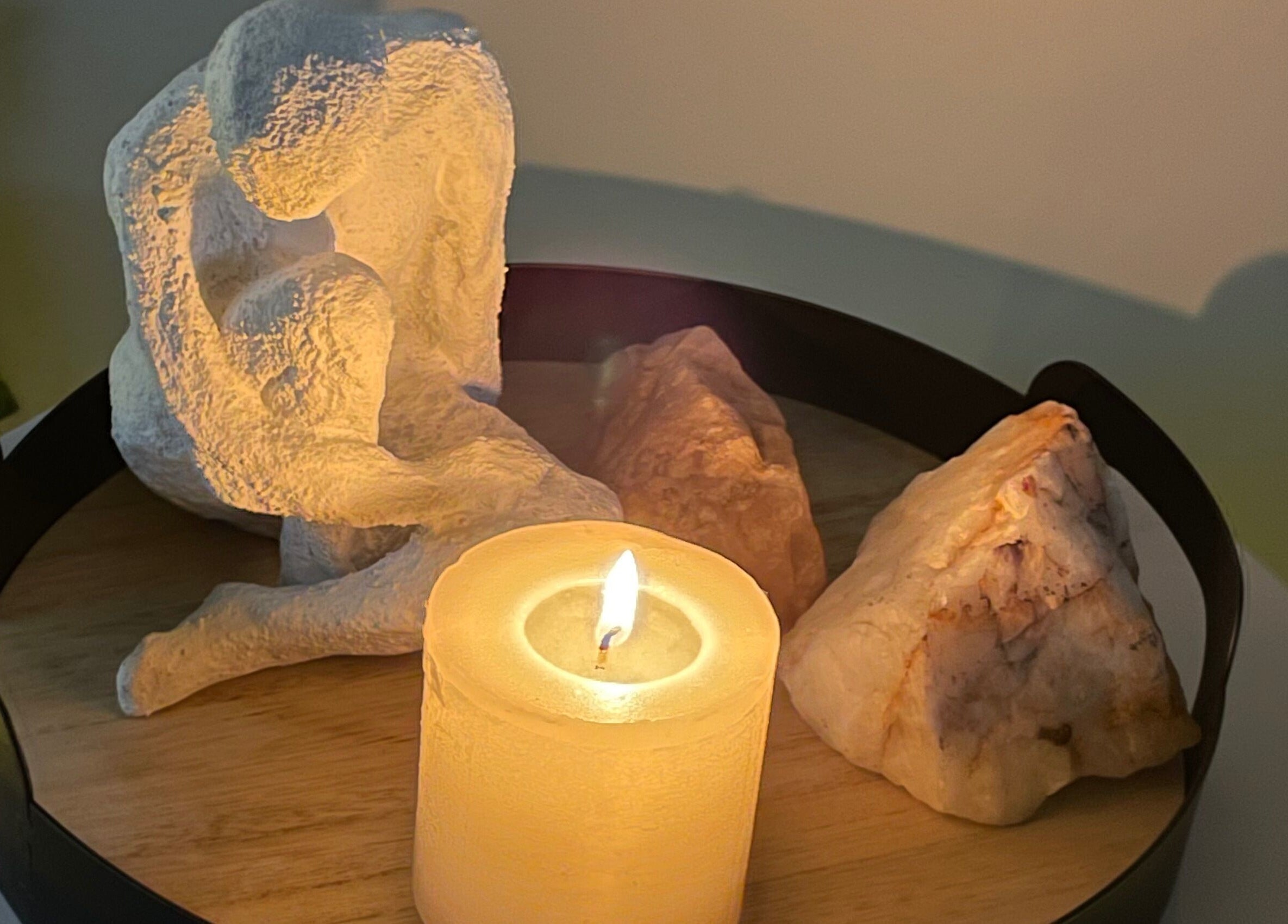 Tranquil candle and sculpture setting at Wellness Empowerment Bridge Spa, Kimberley, Northern Cape, ZA.