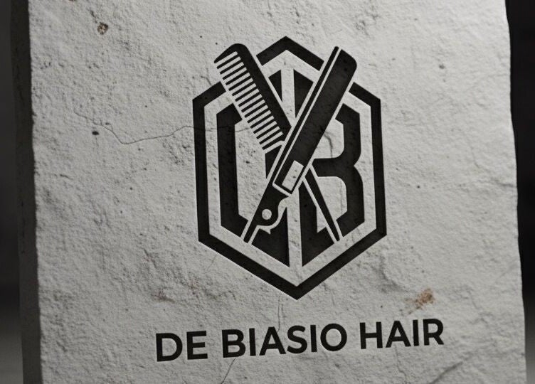 De Biasio Hair logo engraved on stone at Church, England, GB. Distinctive salon branding.