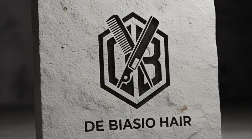 De Biasio Hair logo engraved on stone at Church, England, GB. Distinctive salon branding.