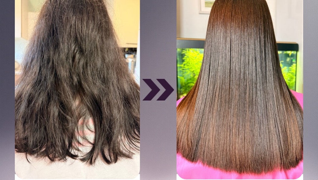Keratin4u hair treatment in Andover, England, GB showing smooth, shiny transformation.