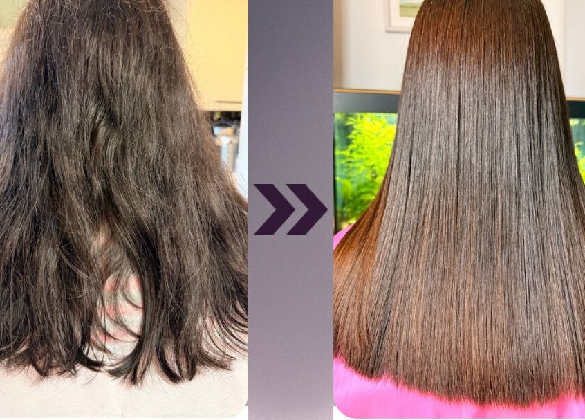 Keratin4u hair treatment in Andover, England, GB showing smooth, shiny transformation.