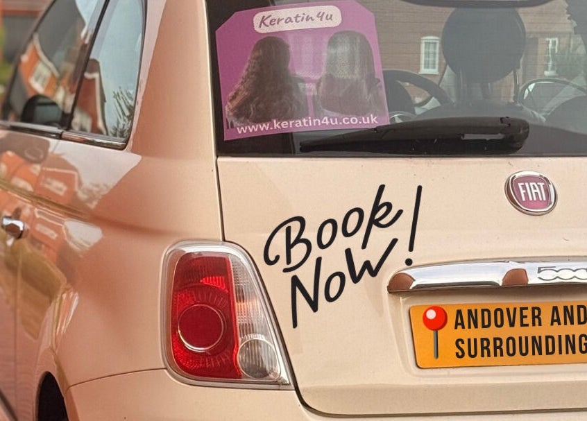 Keratin4u branded car in Andover, England, GB, promoting beauty services. Book now sign visible.