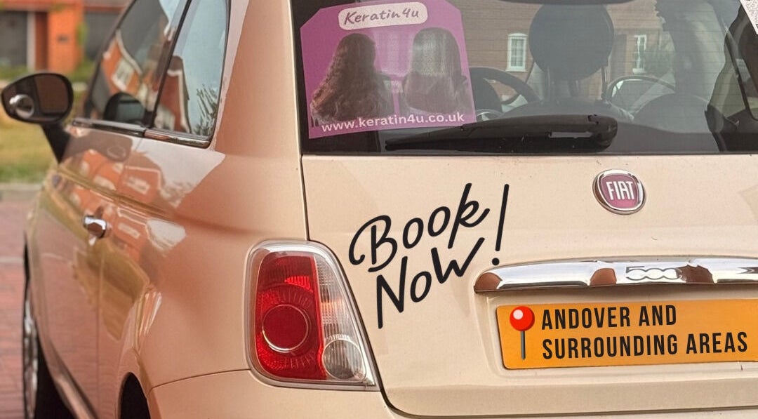 Keratin4u branded car in Andover, England, GB, promoting beauty services. Book now sign visible.