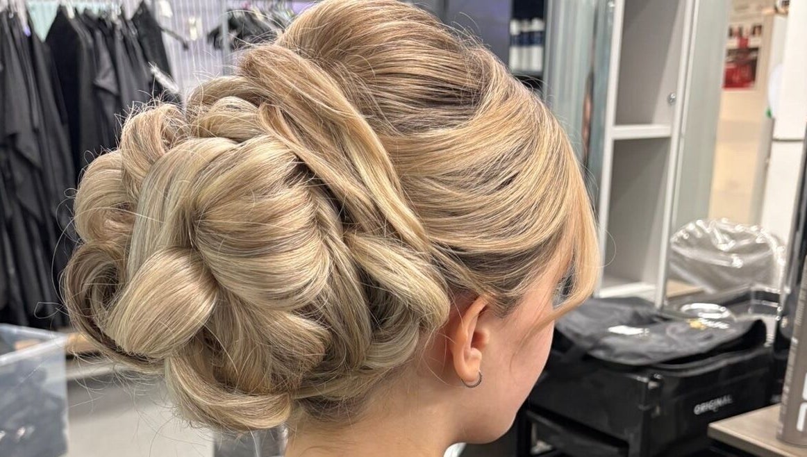 Intricate blonde updo at kaileigh-Jane Gray hair in Falkirk, Scotland, GB. Perfect for special occasions.