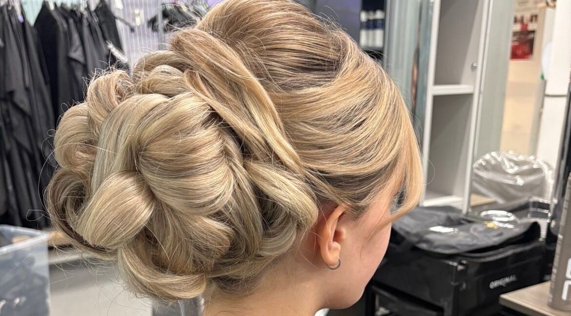 Intricate blonde updo at kaileigh-Jane Gray hair in Falkirk, Scotland, GB. Perfect for special occasions.