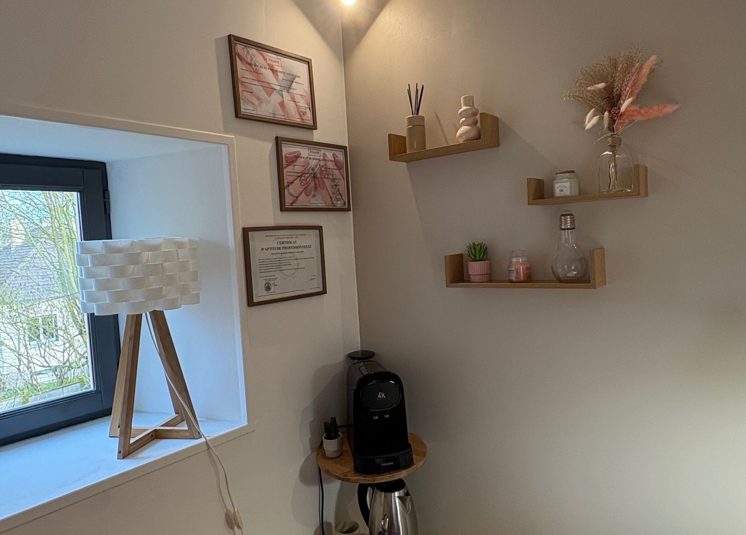 Coin décoratif chez So’préalia à Perche En Nocé, Normandie, FR. Plantes, certificats et décoration moderne.