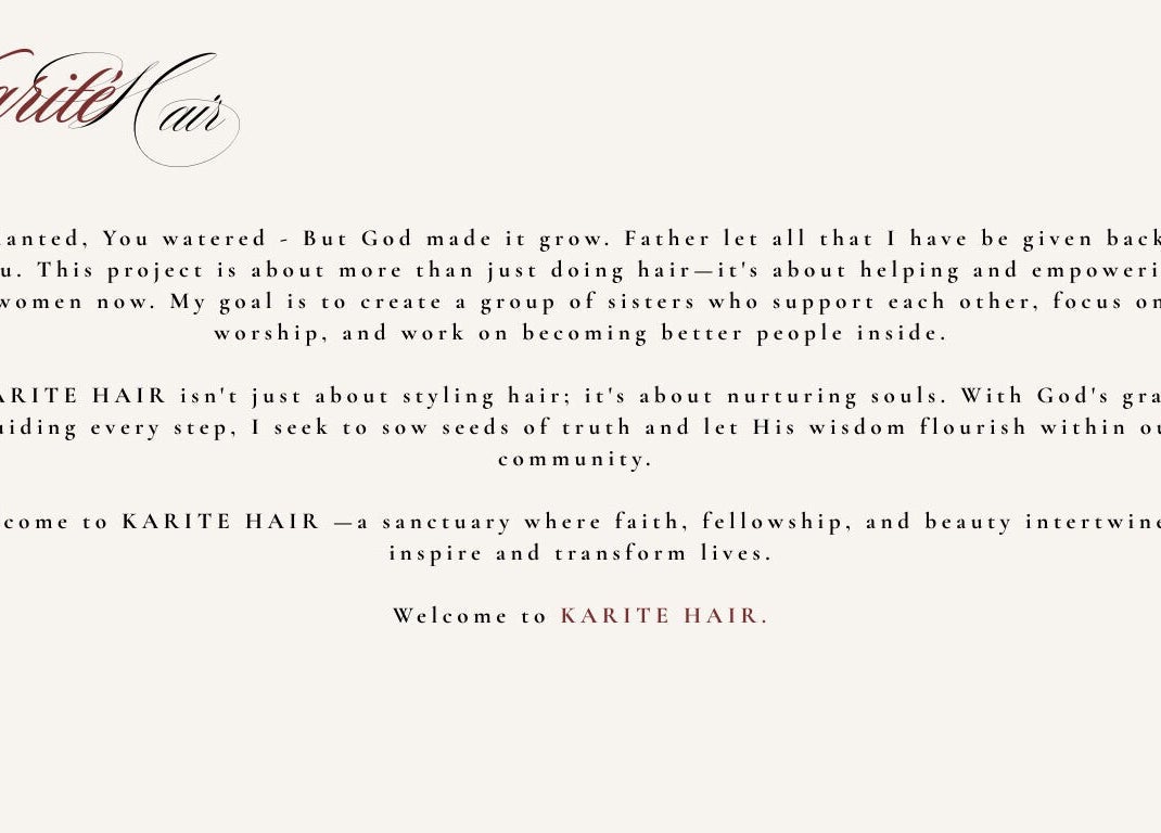 A heartfelt welcome note from KaritéHair in Dublin, County Dublin, IE, highlighting faith and empowerment.