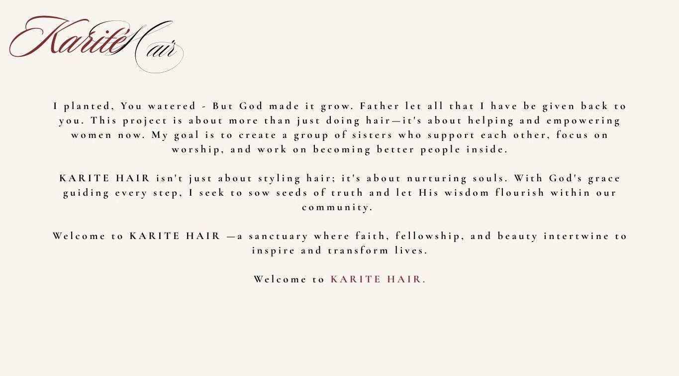 A heartfelt welcome note from KaritéHair in Dublin, County Dublin, IE, highlighting faith and empowerment.