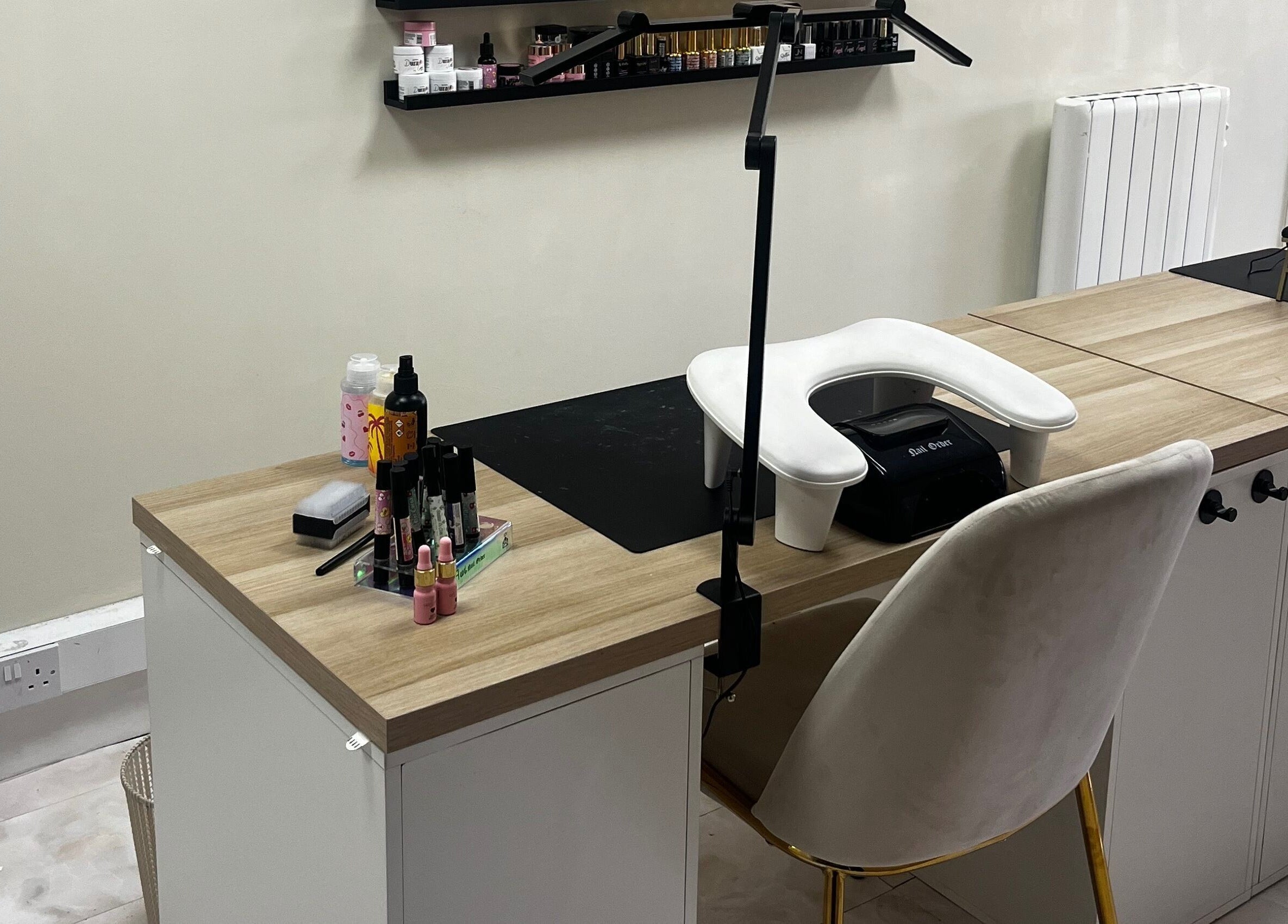 Nail station at By Carly, Wolverhampton, England, GB featuring modern decor and manicure tools.